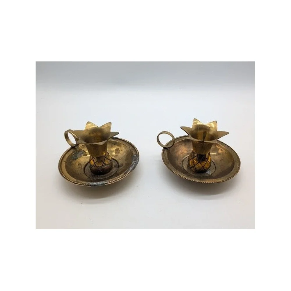 2 Set Vintage Brass Pineapple Chamberstick Candle Holders 4